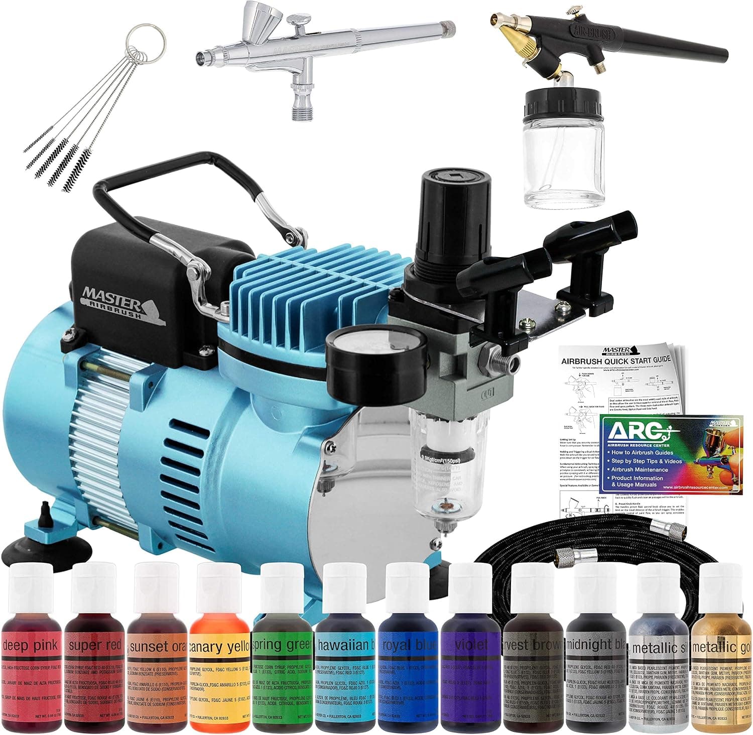 Master Airbrush Cool Runner II Cake Decorating Kit with Dual Fan Air Compressor, 2 Airbrushes, 12 Color Chefmaster Set