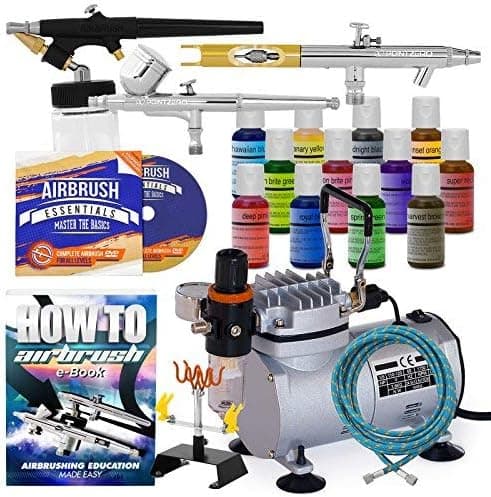 PointZero Airbrush Cake Decorating Kit - 3 Airbrushes, Compressor, and 12 Chefmaster Colors