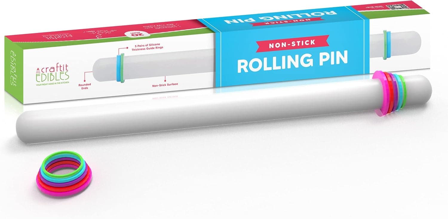 Long Rolling Pin with Thickness Rings - 20 Inch Non-Stick Fondant Dough Roller for Cake Decorating