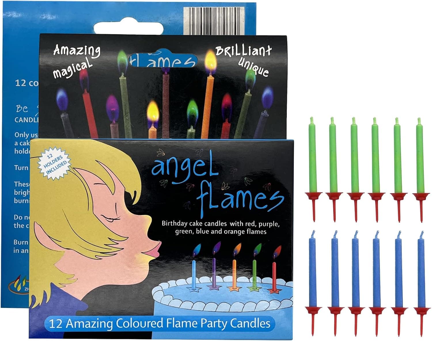 Angel Flames Birthday Cake Candles with Colored Flames (12pcs per Box, Holders Included)