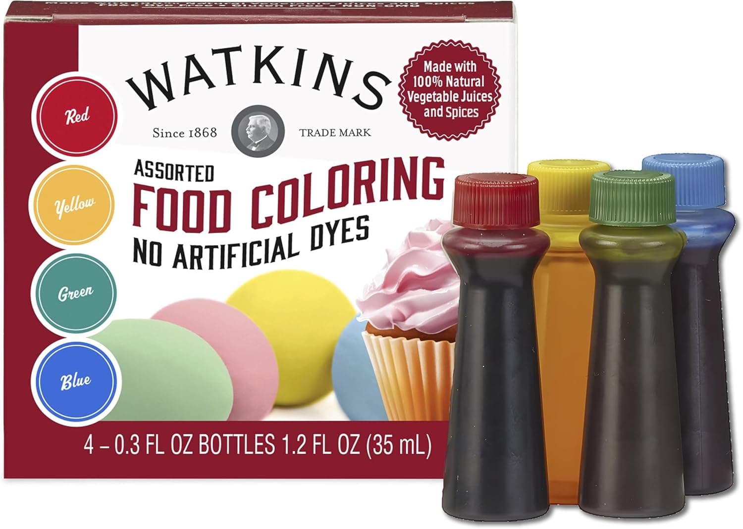 Watkins Assorted Food Coloring, 1 Each Red, Yellow, Green, Blue, Four 0.3 oz Bottles