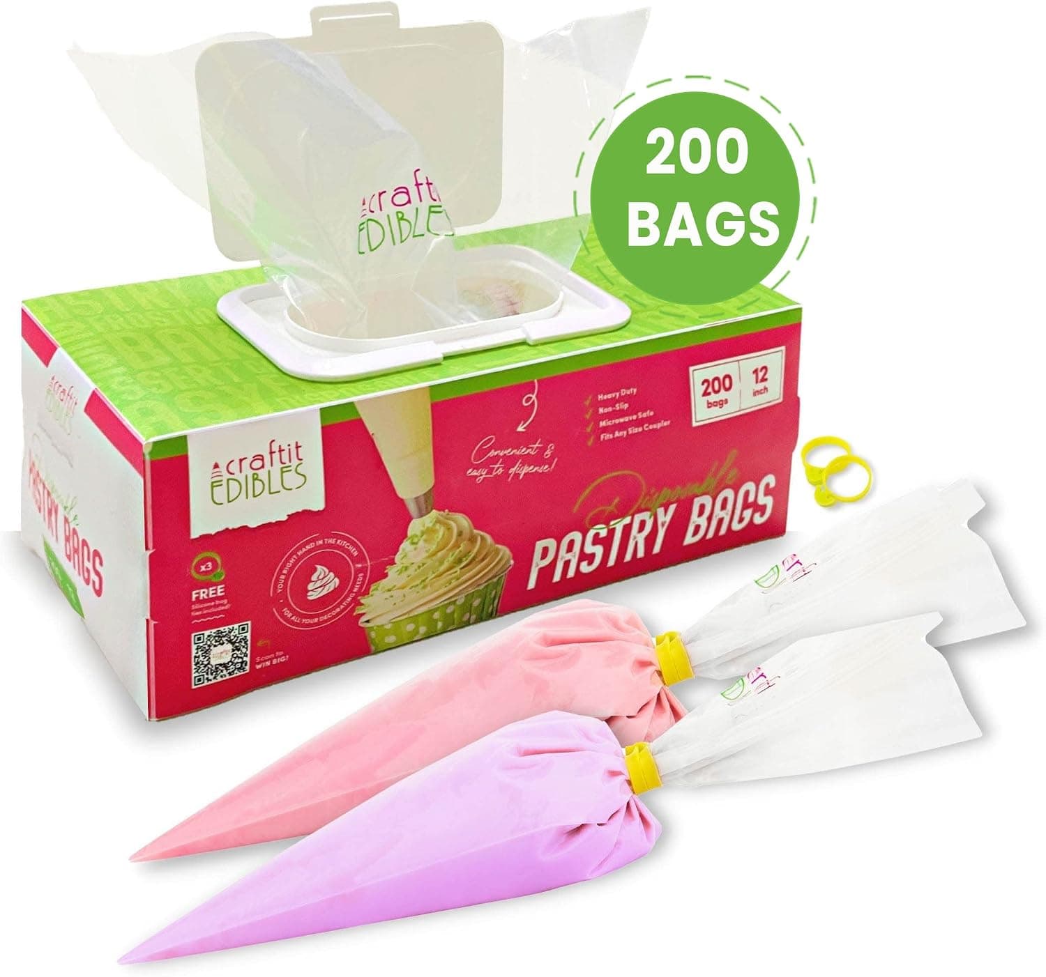 Craftit Edibles Icing Piping Bags 12 Inch Small Disposable Pastry Bags, 200 Pack with 2 Ties