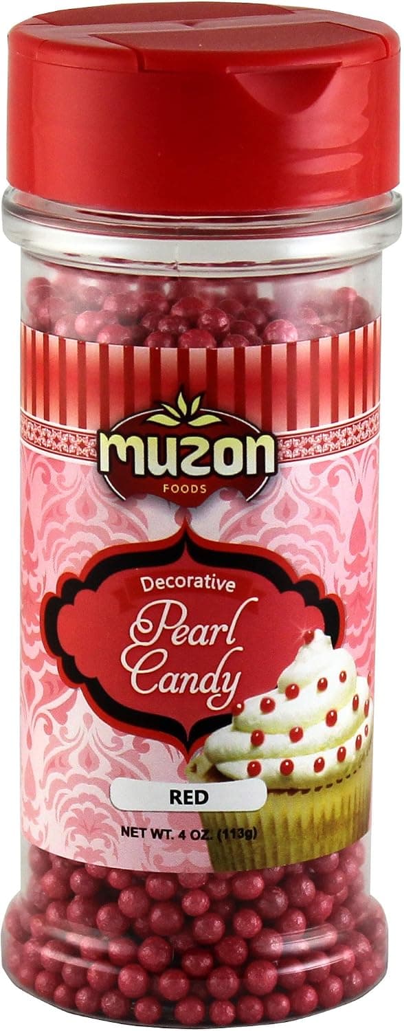 Muzon Pearls Edible Cake Decorations (4 oz.) - Sugar Candy Sprinkles, Edible Sugar Pearls Dragees (Red)