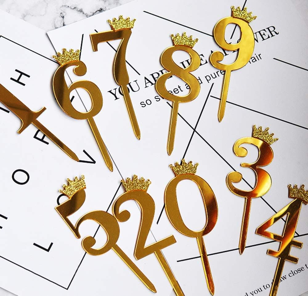 Soccerene Gold Acrylic Large Numbers with a crown 0-9 Cake Toppers Table Numbers 7 Inch Tall, Set of 10