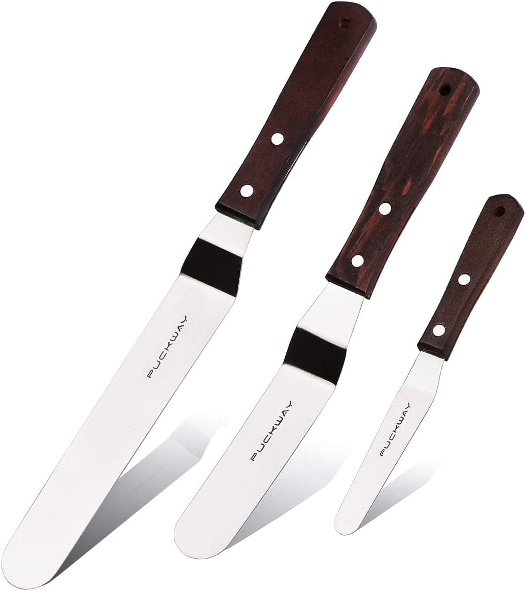 PUCKWAY Offset Cake Icing Spatula Set of 3, Stainless Steel 4-6-8 Inch Angled with Wooden Handle