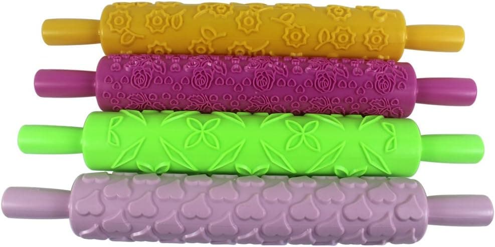 Hillento Pattern Embossed Rolling Pin Fondant Cake Paste Gum Sugar Decorating Tool, 4 Patterns (Wicker, Heart, Roses, Flowers)