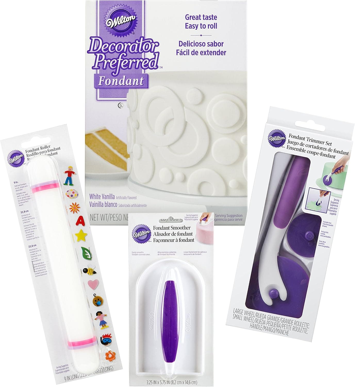Wilton Fondant Tool Set for Beginners, 10-Piece - White Fondant with Roller, Trimmer, and Smoother