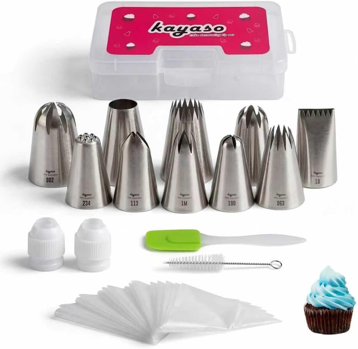 Kayaso Cake Decorating Icing Piping Tip Set, 10 X-Large Stainless Steel Tips Plus 20 Disposable Pastry Bags