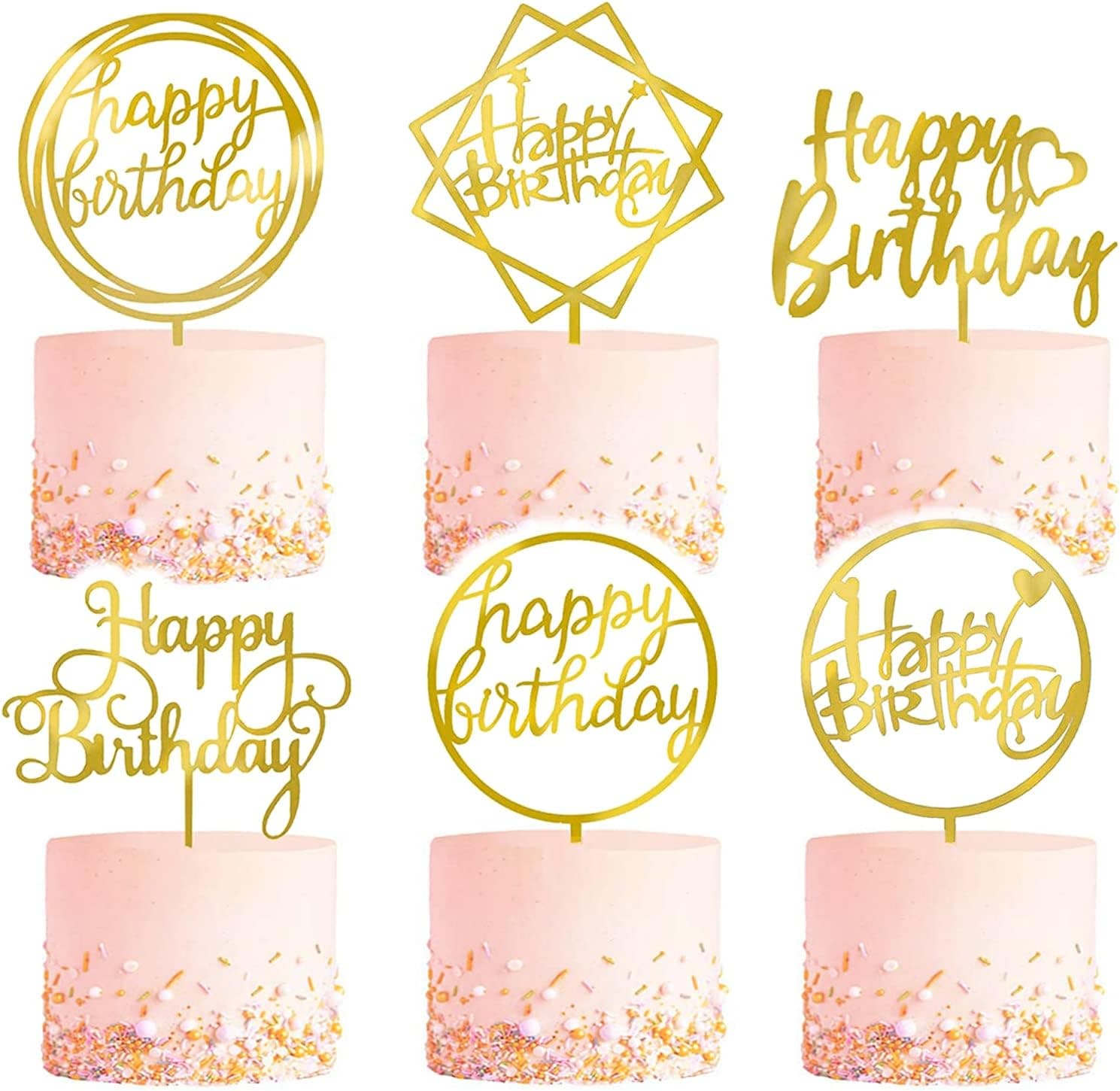 6-Pack Gold Cake Topper Set, Double-Sided Glitter, Acrylic Happy Birthday Cupcake Toppers