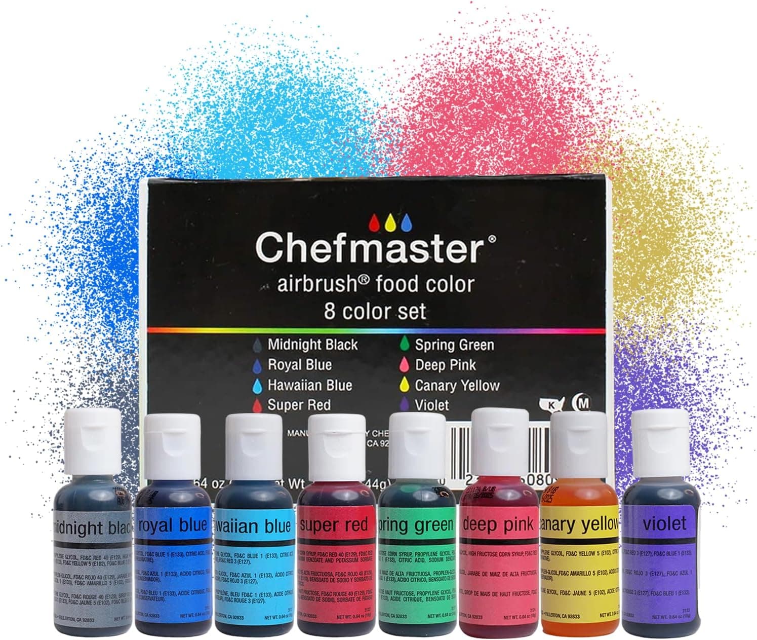 Chefmaster - Airbrush Kit - Airbrush Food Coloring - 8 Pack - True To Shade Vibrant Colors, Made in the USA