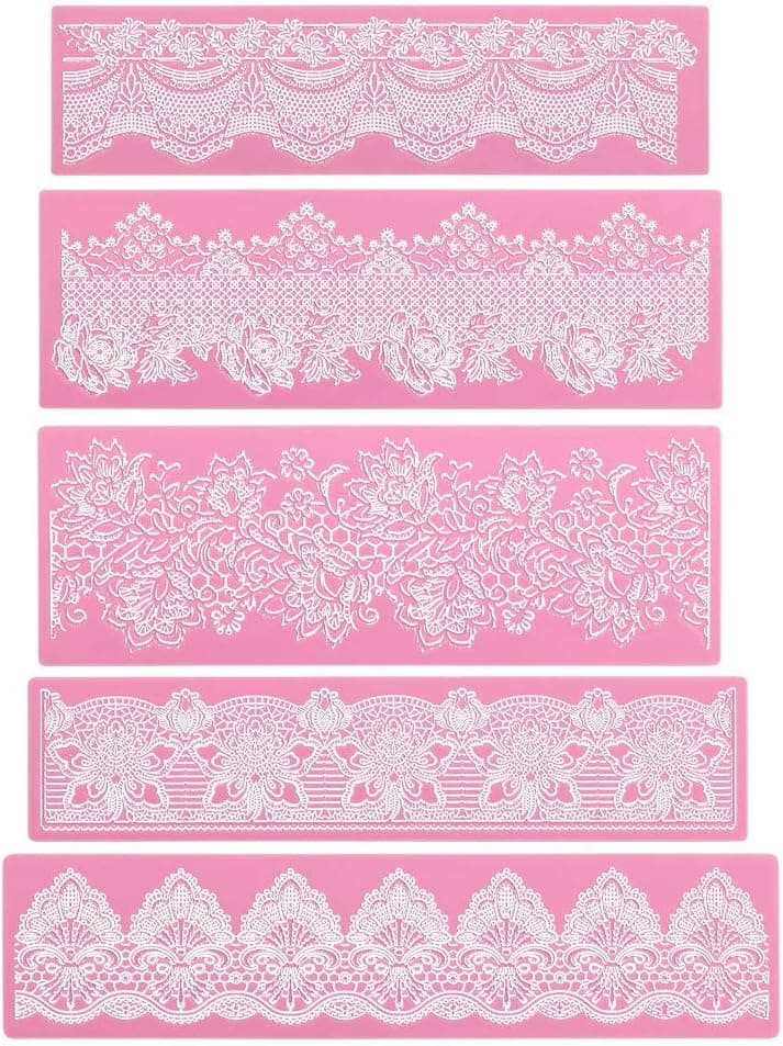 Beasea Lace Molds for Cake Decorating, 5pcs Silicone Fondant Lace Mats Pink Flower Pattern Silicone Molds