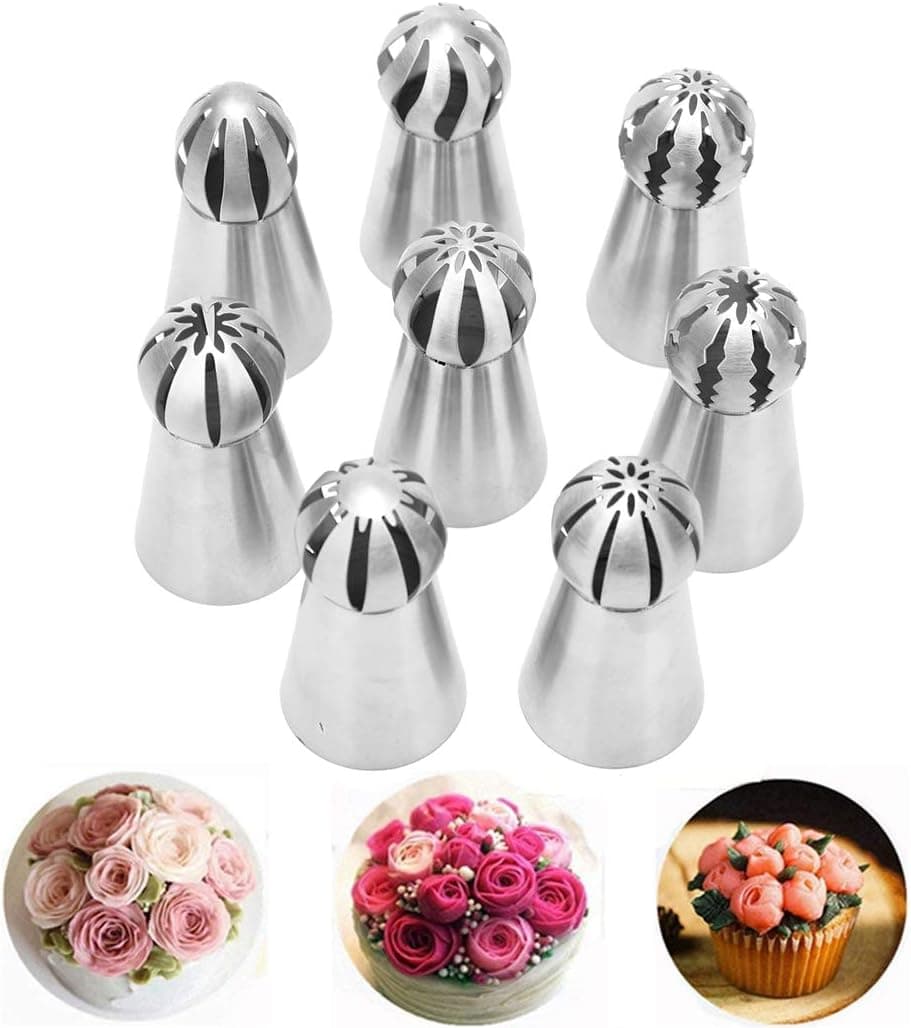 Youthful Russian Piping Ball Tips 8 PCS, Stainless Steel Flower Frosting Icing Nozzles Set