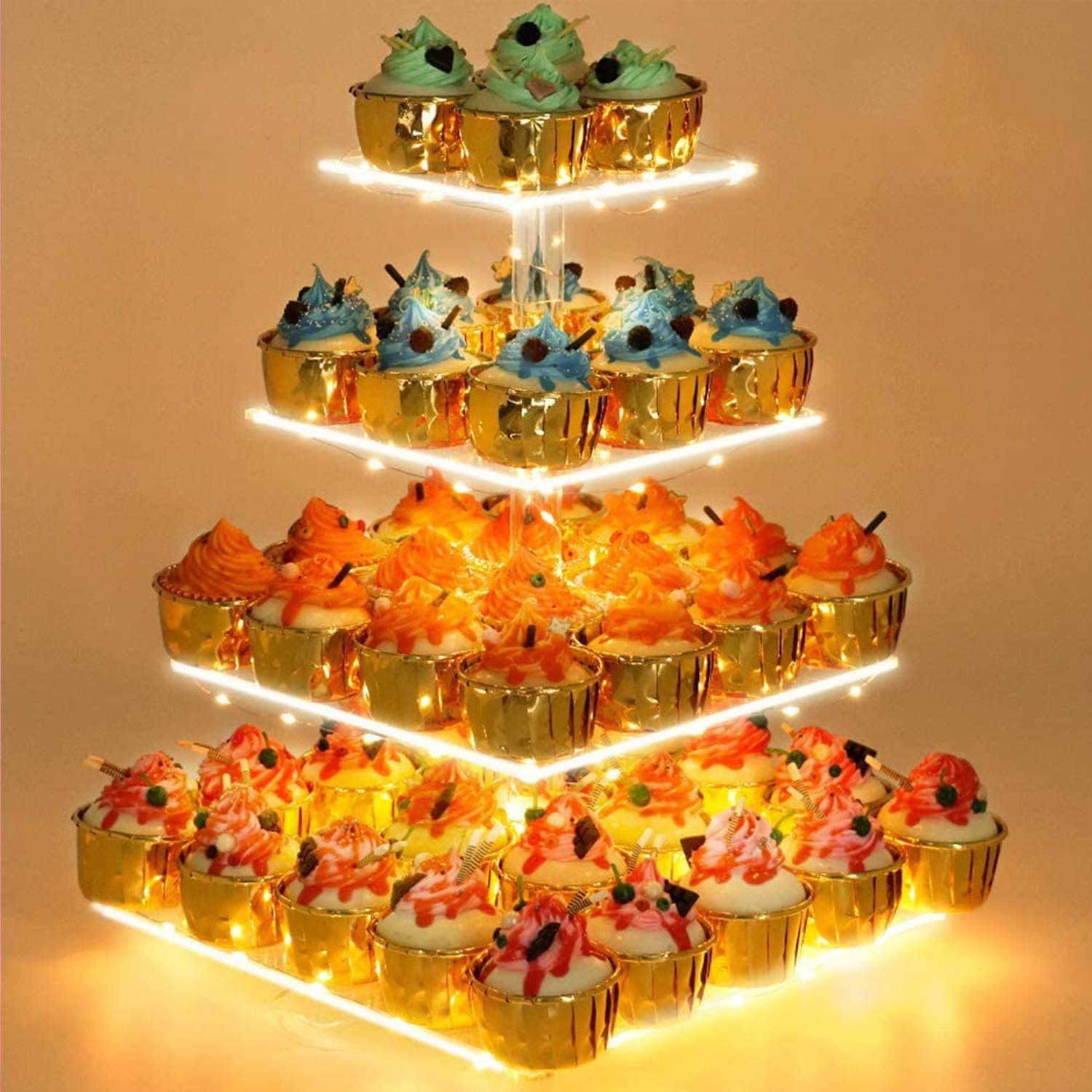 YestBuy 4 Tier Cupcake Stand with Yellow LED Lights for 50 Cupcakes, Acrylic Cupcake Tower