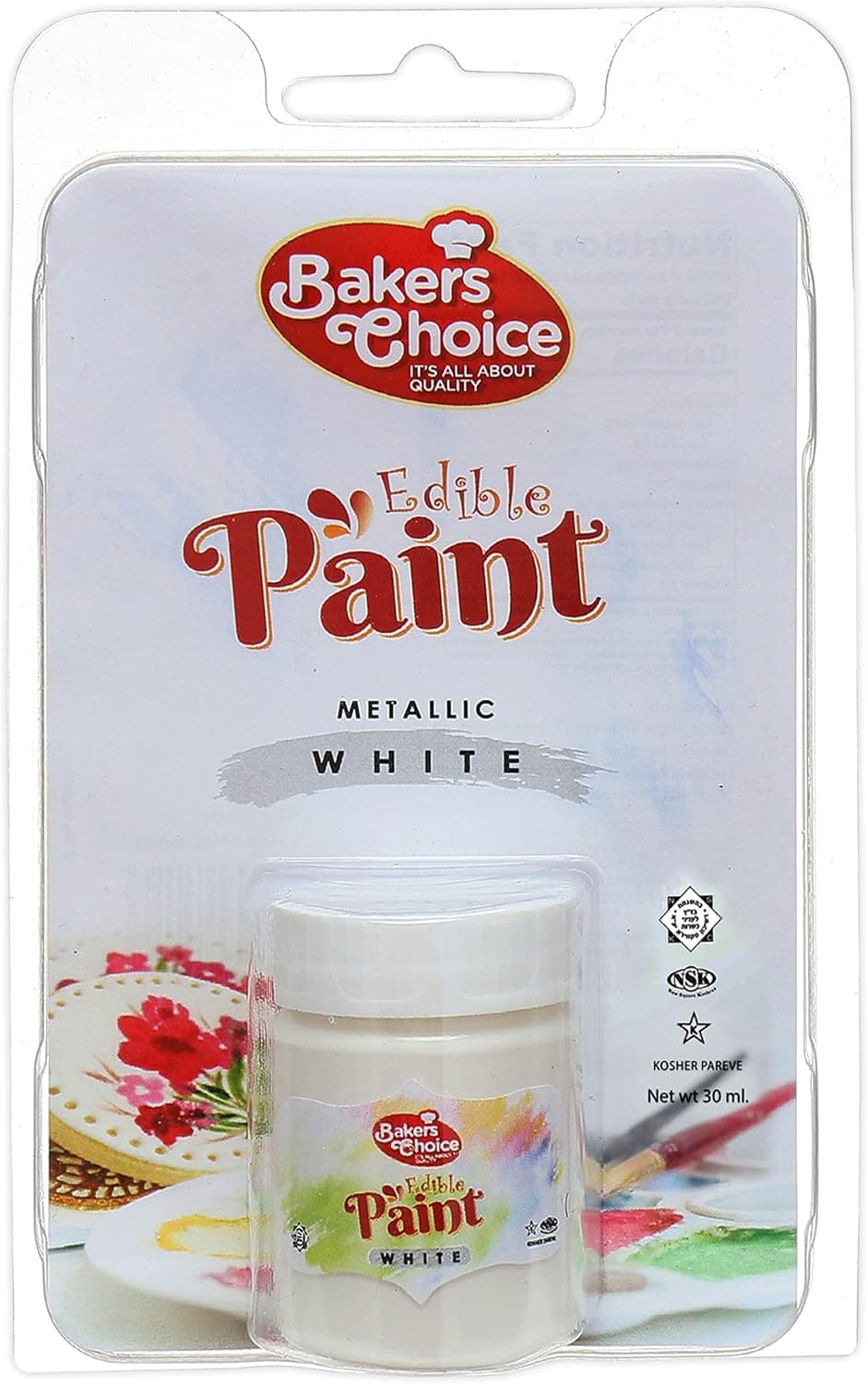 Baker's Choice Metallic White Edible Paint, 30 ml - White Food Coloring For Cakes, Cookies, Cake Pops