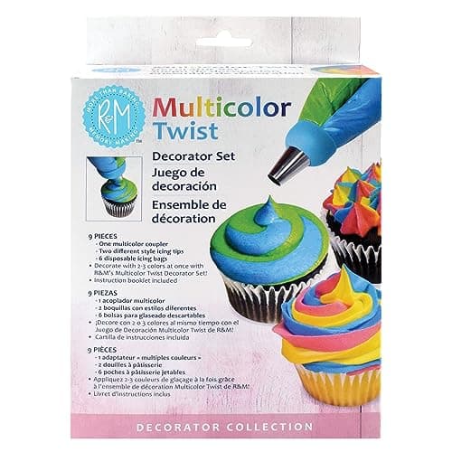 R&M Multicolor Twist Decorating Set - 9 Piece Cupcake & Cake Decorating Kit with Coupler, 2 Icing Tips & 6 Disposable Piping Bags