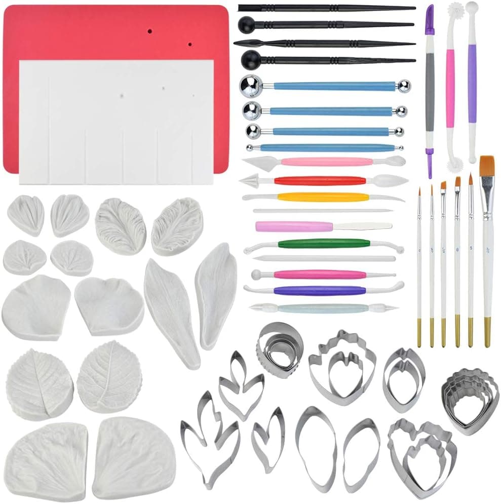 62pcs Gumpaste Flowers and Leaves Fondant Tool Kit - Stainless Steel Flower Cutters, Silicone Molds, Foam Pad, Veining Board, Ball Tools, Modelling Tools, Brushes
