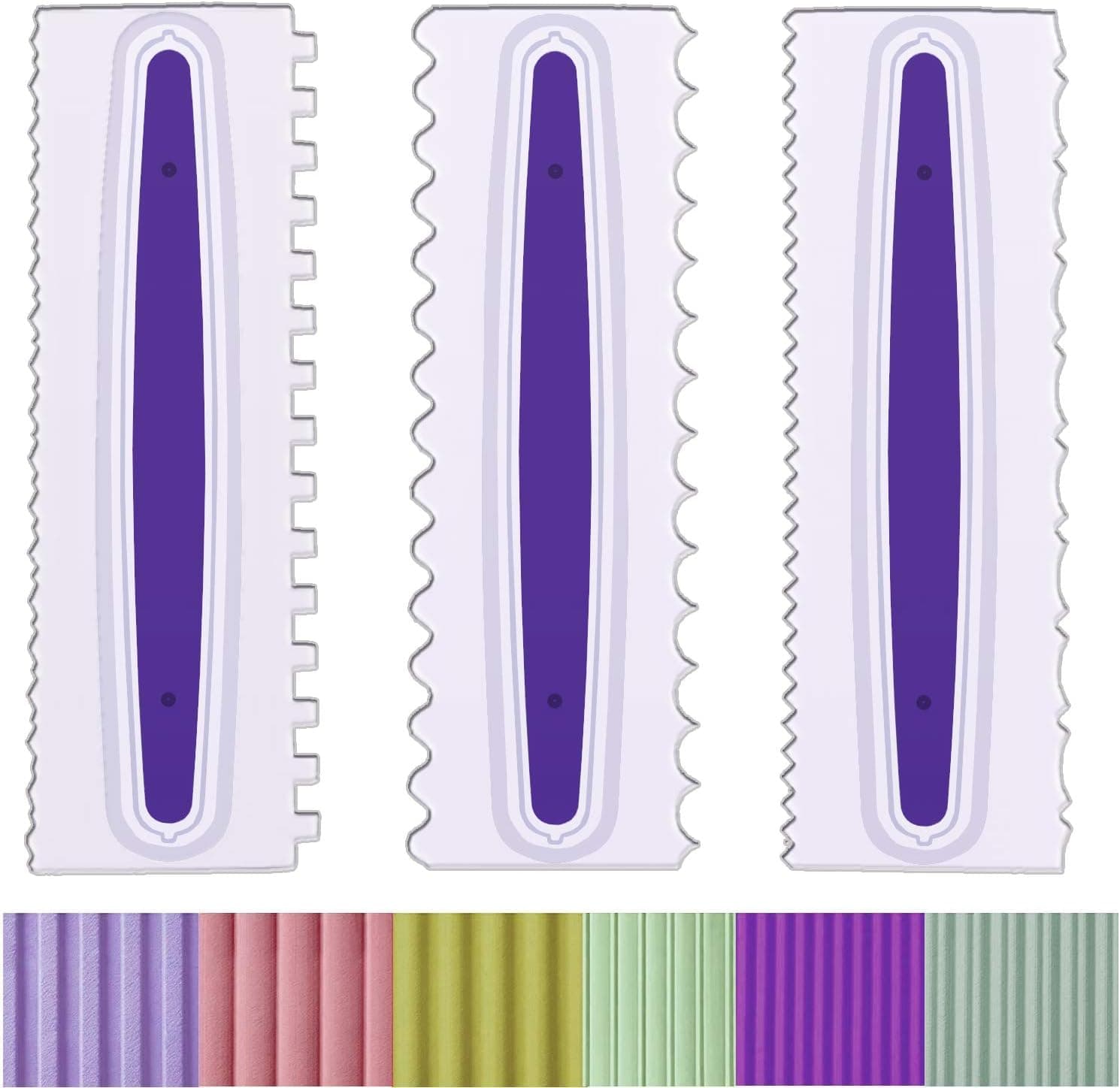 Antallcky Decorating Comb and Icing Smoother Set of 3 Pack, Plastic Sawtooth Cake Scraper Polisher 6 Design Textures-White/Purple
