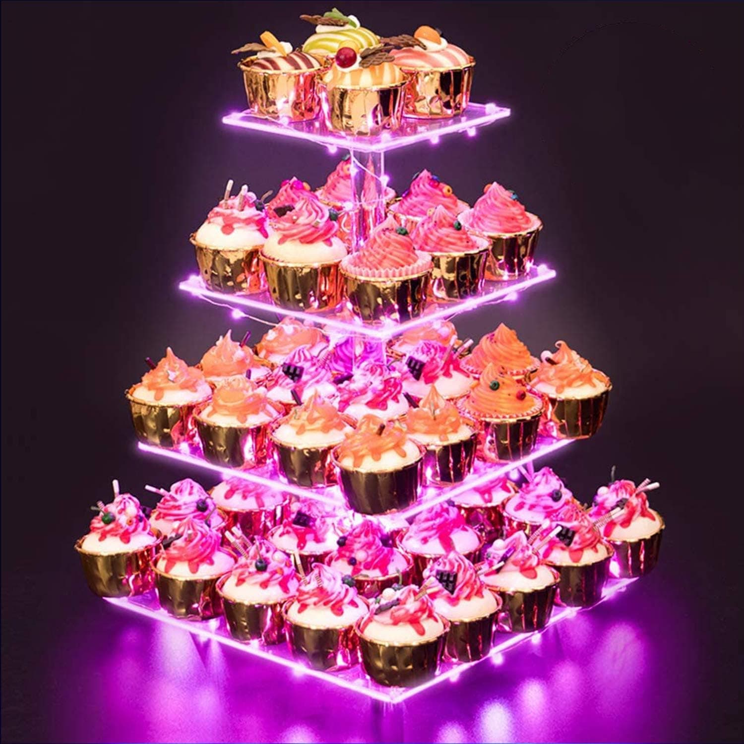 Premium 4 Tier Acrylic Cupcake Tower Display with LED Light String, Pink Light