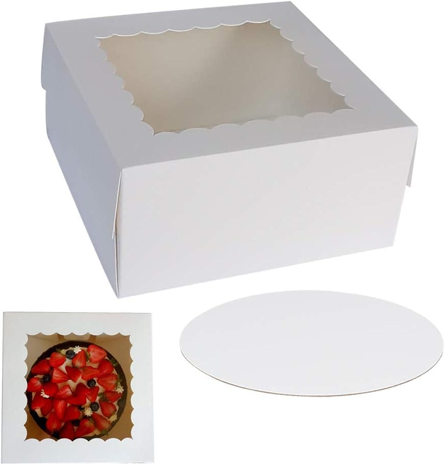 zmybcpack 10x10x5 Inch Cake Boxes with Window and 10 Inch Round Cake Boards, 10 Pack of Each