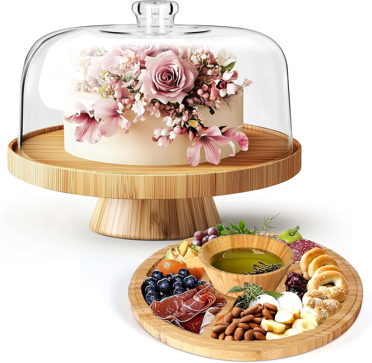 MASTERTOP Cake Stand with Dome Cover - 6 in 1 Multi-Functional Wood Serving Platter with Lid