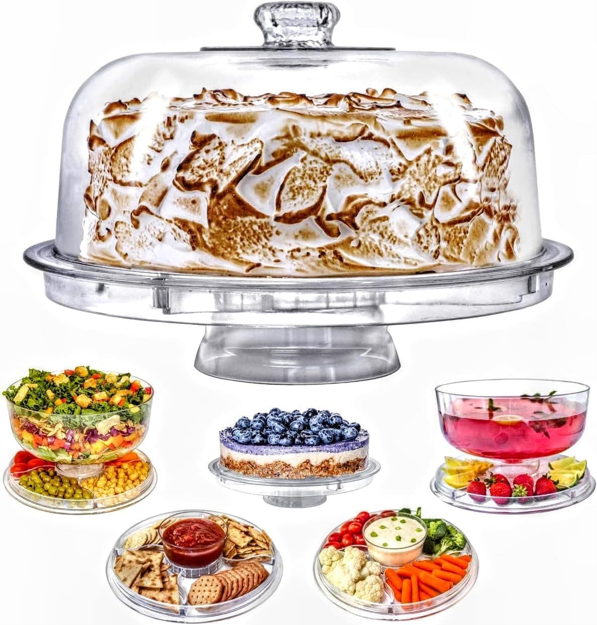 Cake Stand with Dome Cover, 6-in-1 Multi-Purpose Use, Serving Platter, Punch Bowl, BPA Free