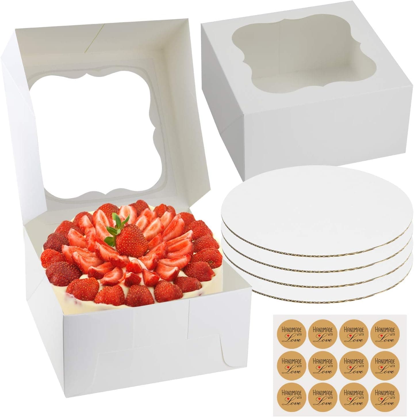 SELMY 10 Inch Cake Box with Boards and Stickers, Cake Box with Window, White 10x10x5, 12-Pack