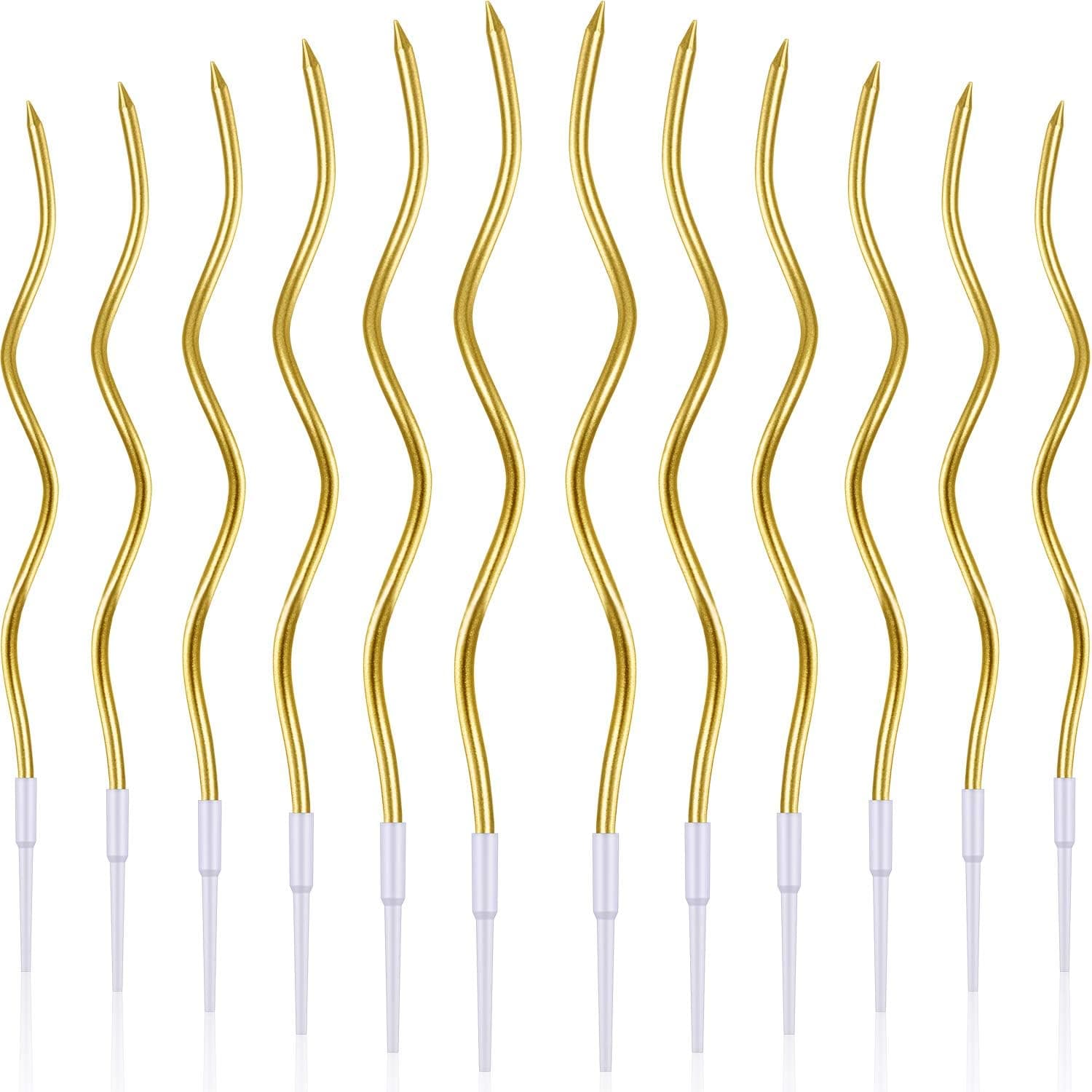 BBTO 12 Pcs Twisted Birthday Candles Spiral Metallic Thin Long Cake Candles with Holders (Gold)