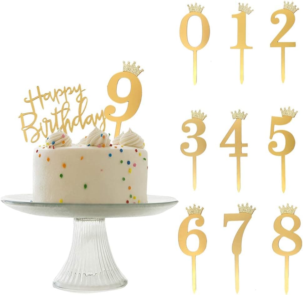 ANYI16 Acrylic Numbers 0-9 Crown Cake Topper and Gold Acrylic Happy Birthday Cake Toppers, Set of 11 (gold)