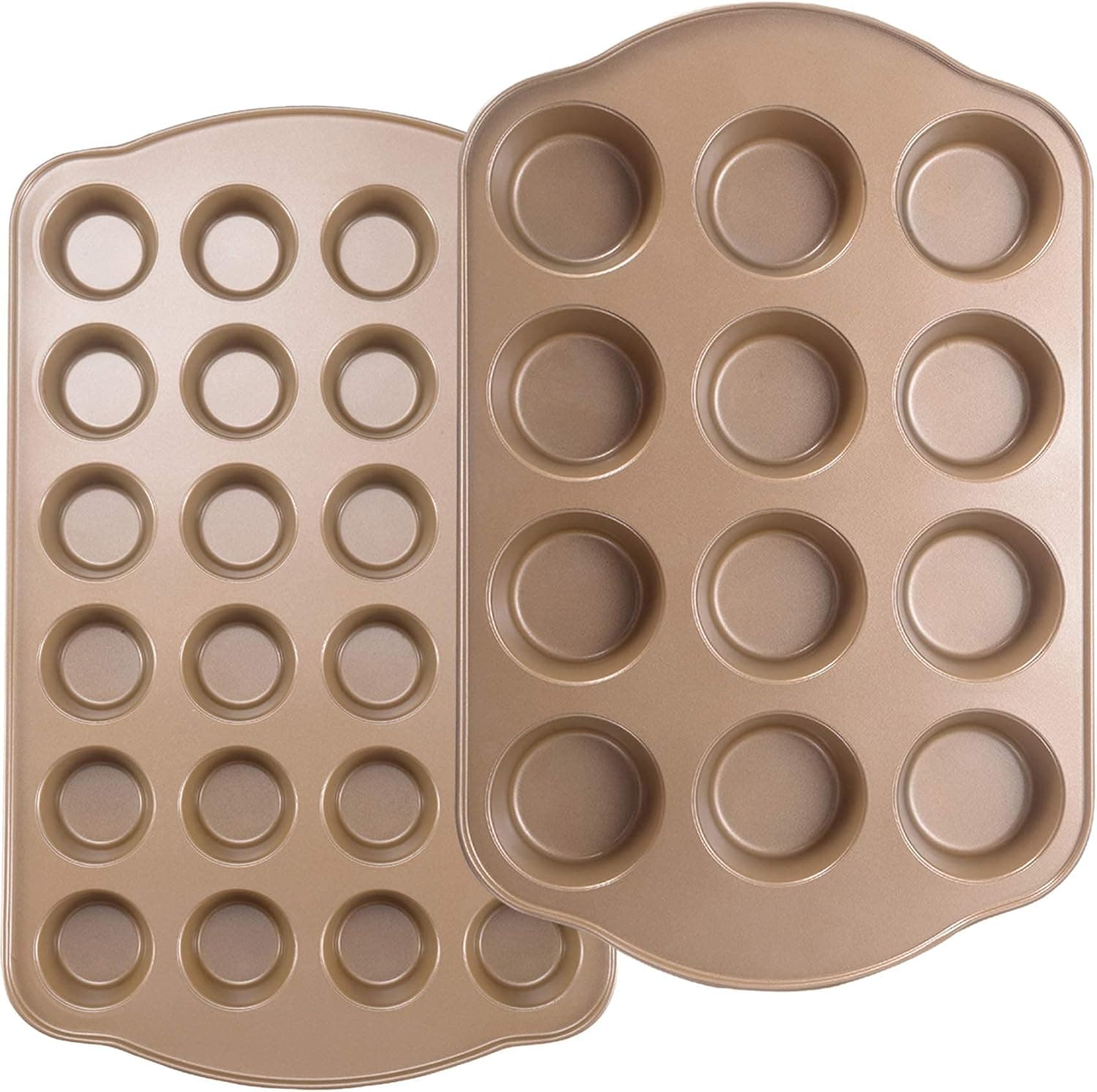 JOHO BAKING Nonstick Muffin & Cupcake Pan Set (2 Pack), 12 Cup Regular + 24 Cup Mini, Gold Carbon Steel