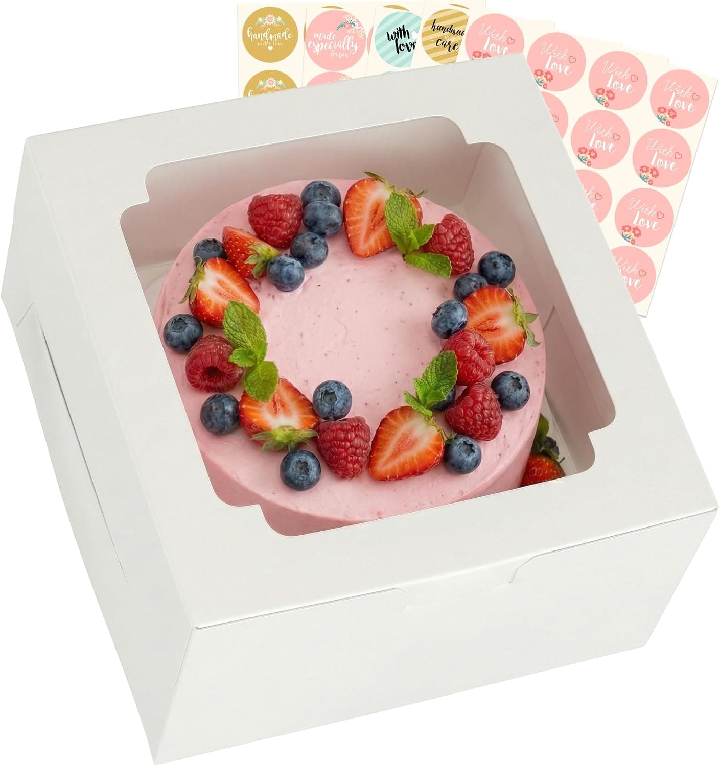 25pcs Cake Boxes 10x10x5 Inch with Window, 10 Inch White Bakery Boxes with Stickers