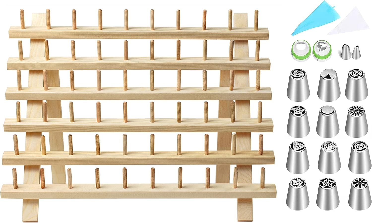 Raichee 12 Russian Piping Tips with Pine Wood Storage Rack Organizer for Decorating Tips