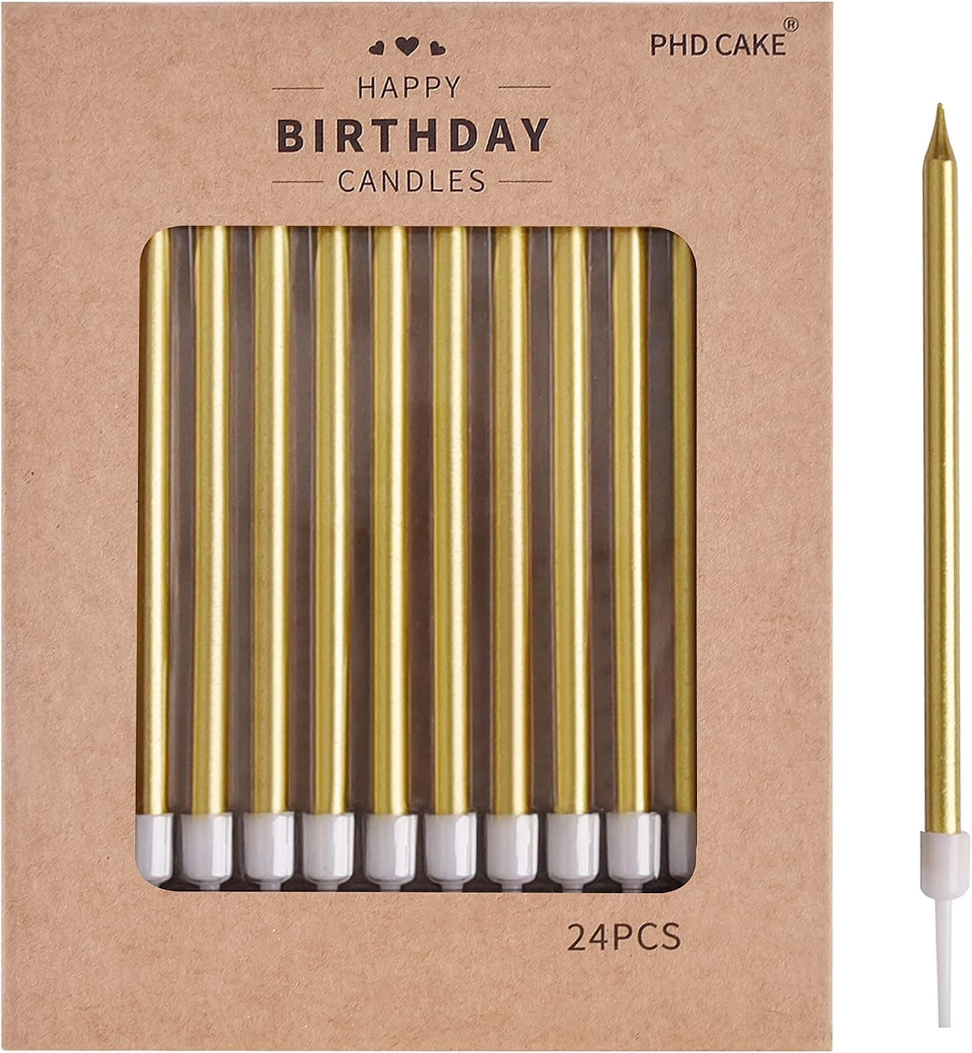 PHD CAKE Gold Long Thin Metallic Birthday Candles, 24-Count Cake Candles