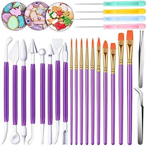 24 Pcs Cookie Decorating Fondant Cake Decorating Tool Set, Purple | Fondant Tools Include Brushes Sugar Stir Needle Fondant Modeling Tool Cake Decorating Tools and Straight Tweezer