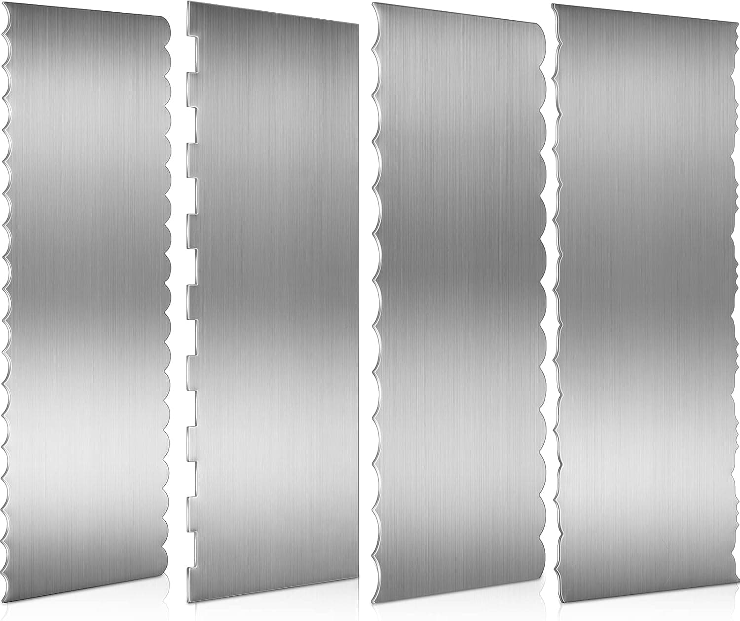 Geiserailie 4 Pieces Stainless Steel Cake Scraper Smoother Large Double Sided Patterned Edge Stripe 9 Inch Metal Cake Decorating Comb