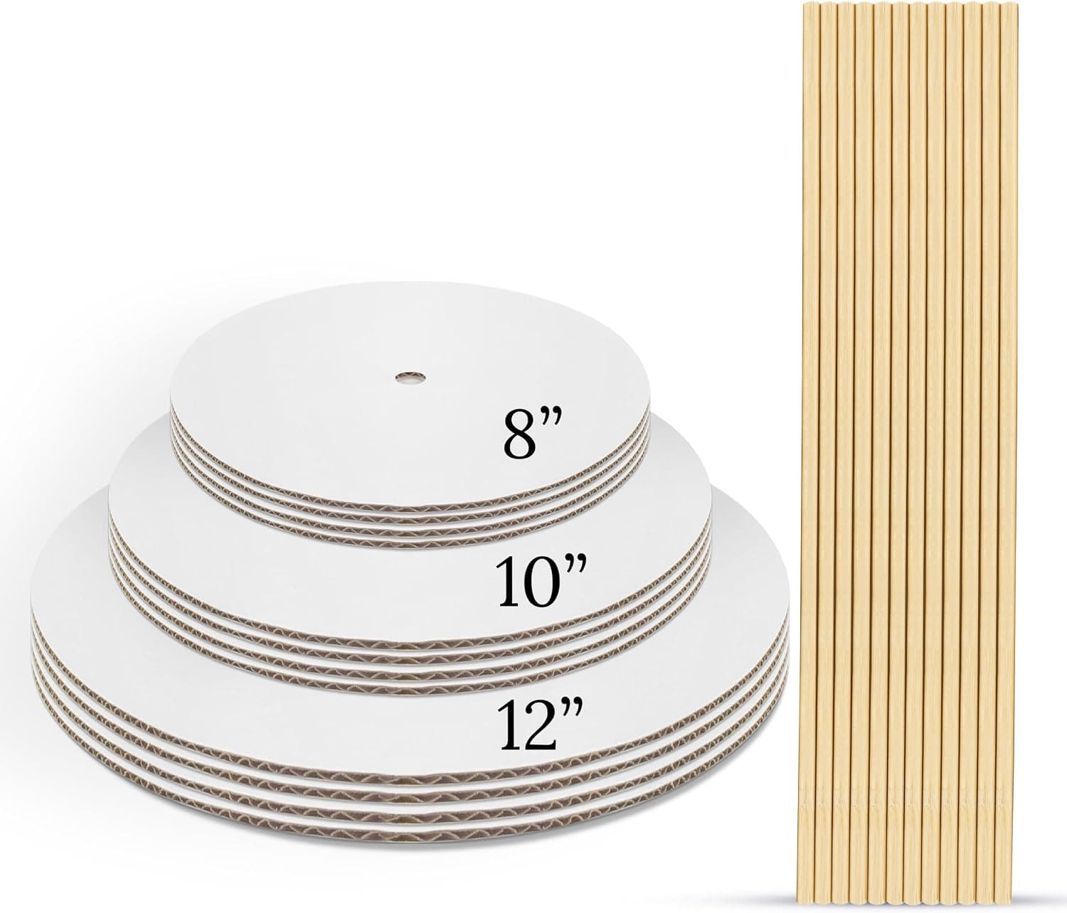 FromJennWithLove Cake Cardboard Rounds - 8, 10, 12 Inch Cake Boards with 12 x 0.25 Inch Bamboo Dowels, Tier Cake Stacking Kit
