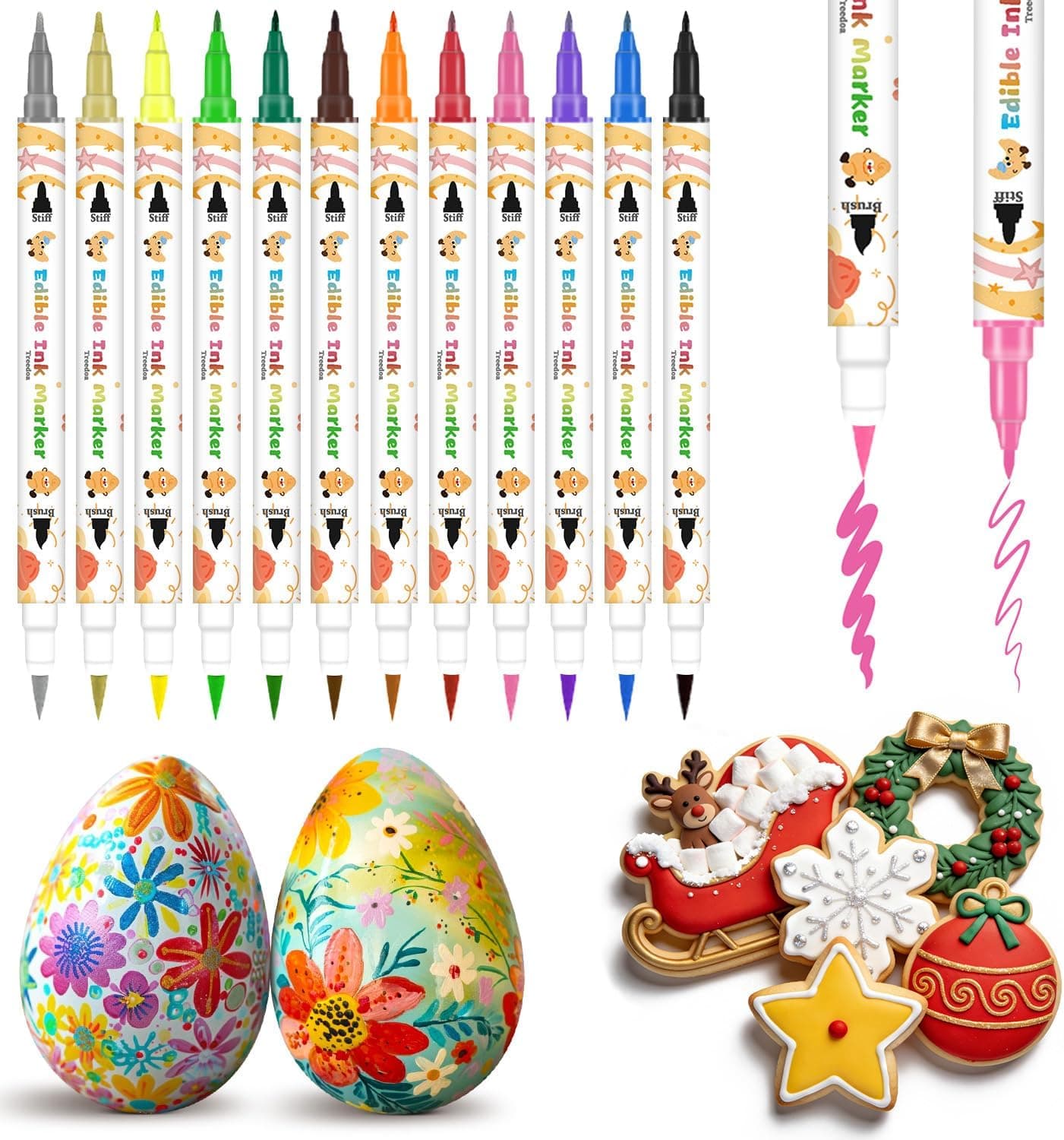 Treedoa Edible Markers for Cookie Decorating, 12Pcs Food Coloring Pens Double Side, Fine & Thick Tip
