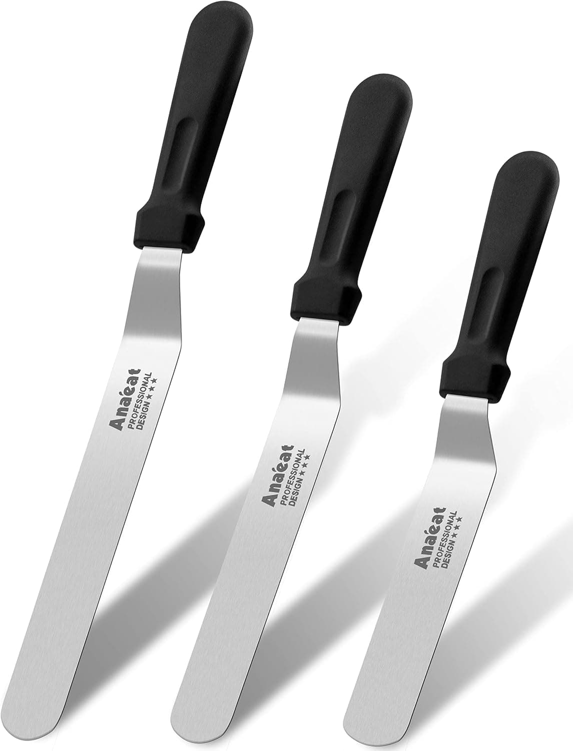 Anaeat Icing Spatulas, Set of 3 Professional Angled Offset Spatulas with 6, 8, 10 Inch Stainless Blades