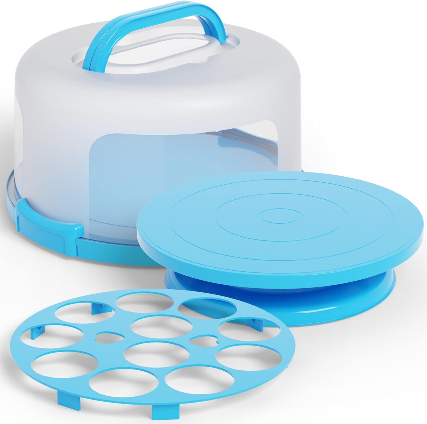 Cake Cupcake Carrier with Lid and Handle plus Cake Stand Plate with Dome, 10 Inch Round Cake Container
