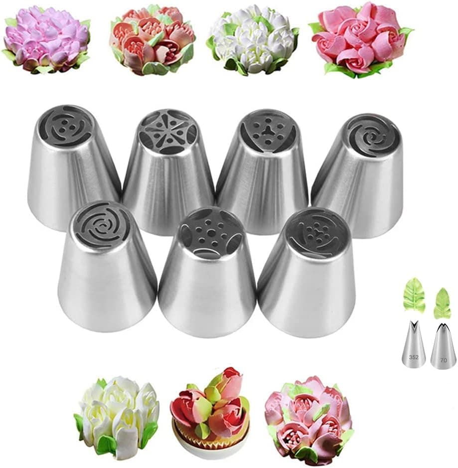 Russian Piping Tips Set with 7 Flower Icing Tips and 2 Leaf Pastry Tips Nozzles