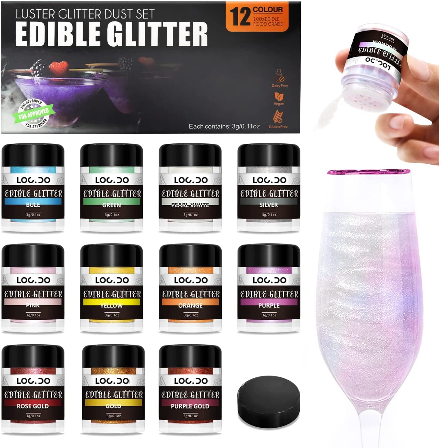 Edible Glitter 11+1 Colors Set, Food Grade Luster Dust for Drinks, Cake Decorating, Chocolates (3g/bottle)
