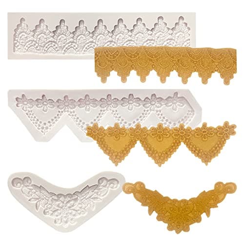 Lace Fondant Mold Set of 3, Edible Lace border Cake Decorating Imprint Mat Silicone Molds for Wedding, Valentine's Day, Chocolate, Cupcake, Cookies, Gum, Candy, Marzipan, Polymer Clay, Epoxy Crafts