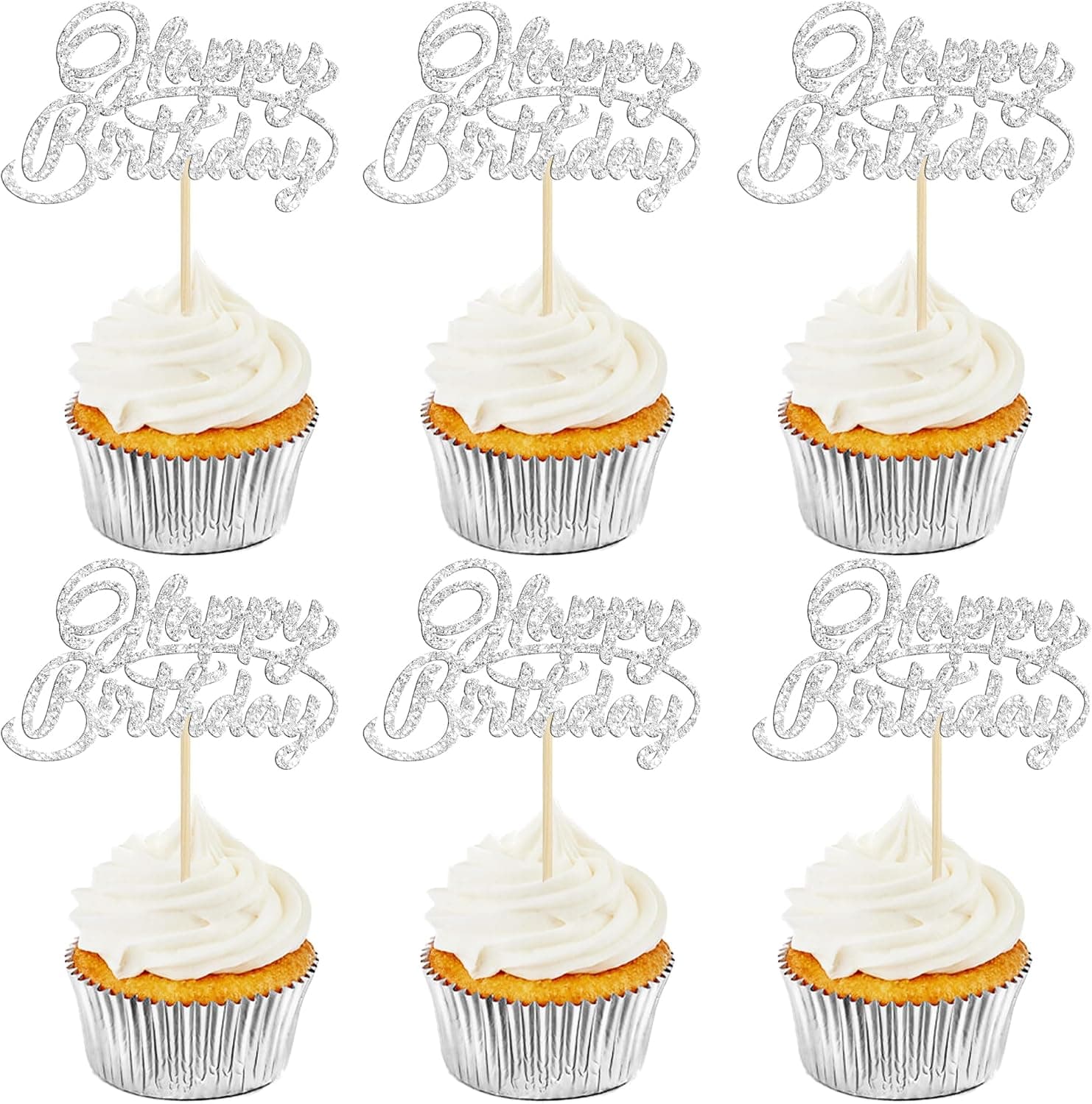 24 Pack Happy Birthday Cupcake Toppers Glitter Birthday Cupcake Food Picks for Celebrating Party Cake Decorations Supplies Silver