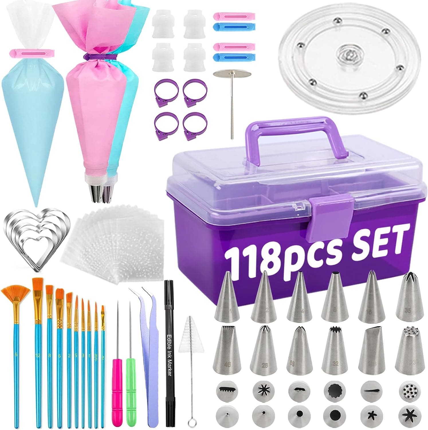 LUSHYUM Cookie Decorating Kit 118pcs with Storage Case, Piping Bags and Tips, Turntable and Scribe Tools