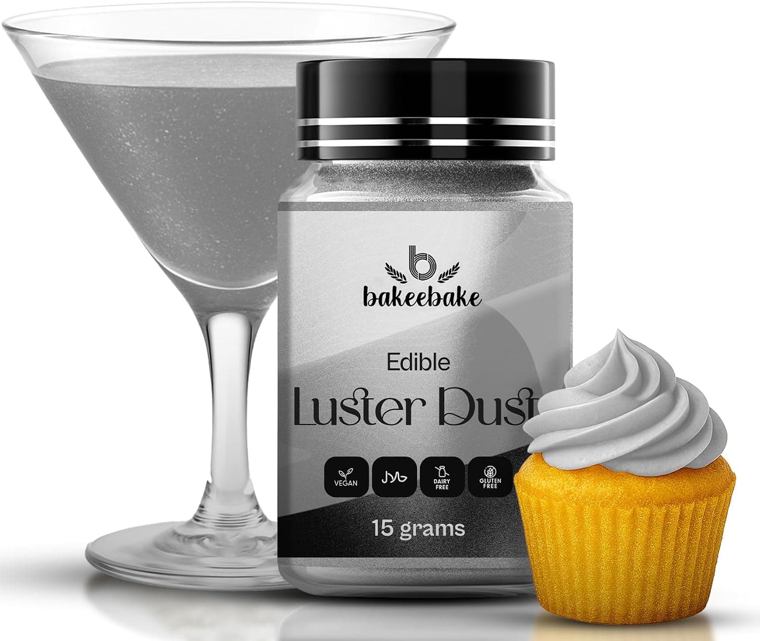 Bakeebake Silver Luster Dust Edible 15g - Edible Glitter for Drinks & Desserts, Gluten Free