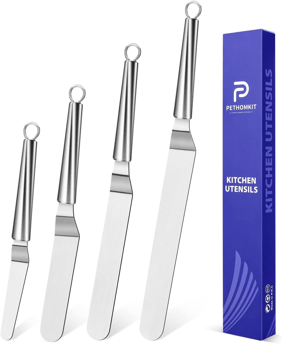 Offset Icing Spatula Set with 4, 6, 8 and 10 Inch Blades, Stainless Steel Handle