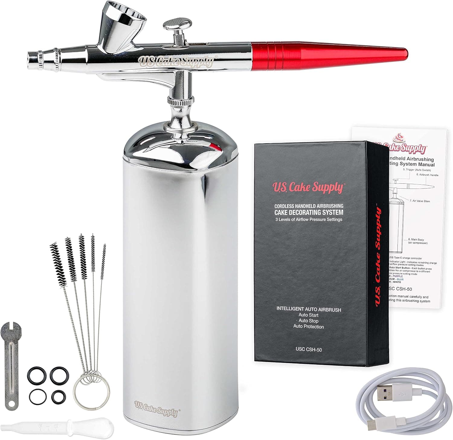 U.S. Cake Supply Cordless Handheld Airbrushing System Kit - 15 to 30 PSI, Rechargeable