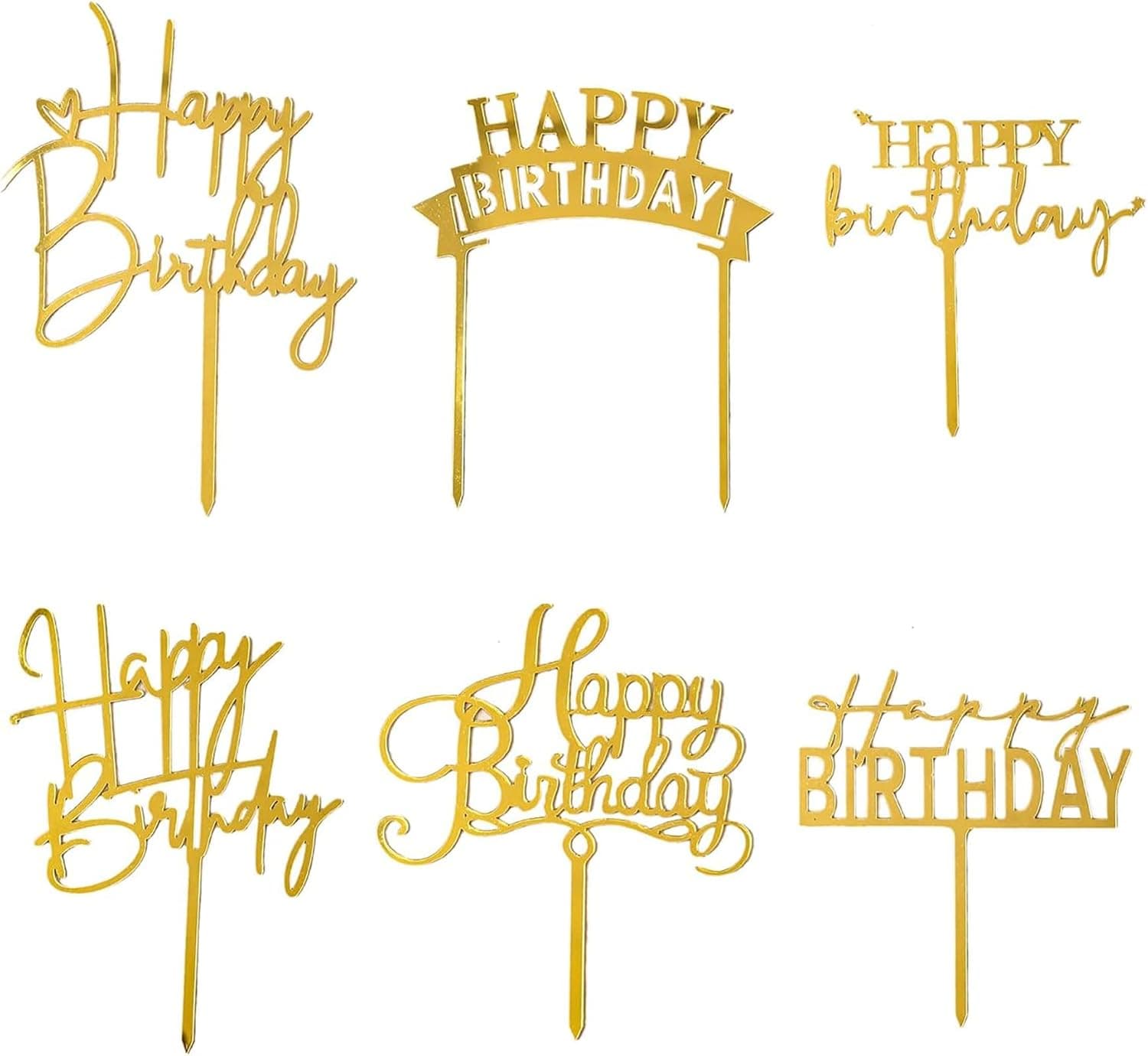 Gold Birthday Cake Topper, 6pcs Acrylic Happy Birthday Cake Toppers for Party Decorations