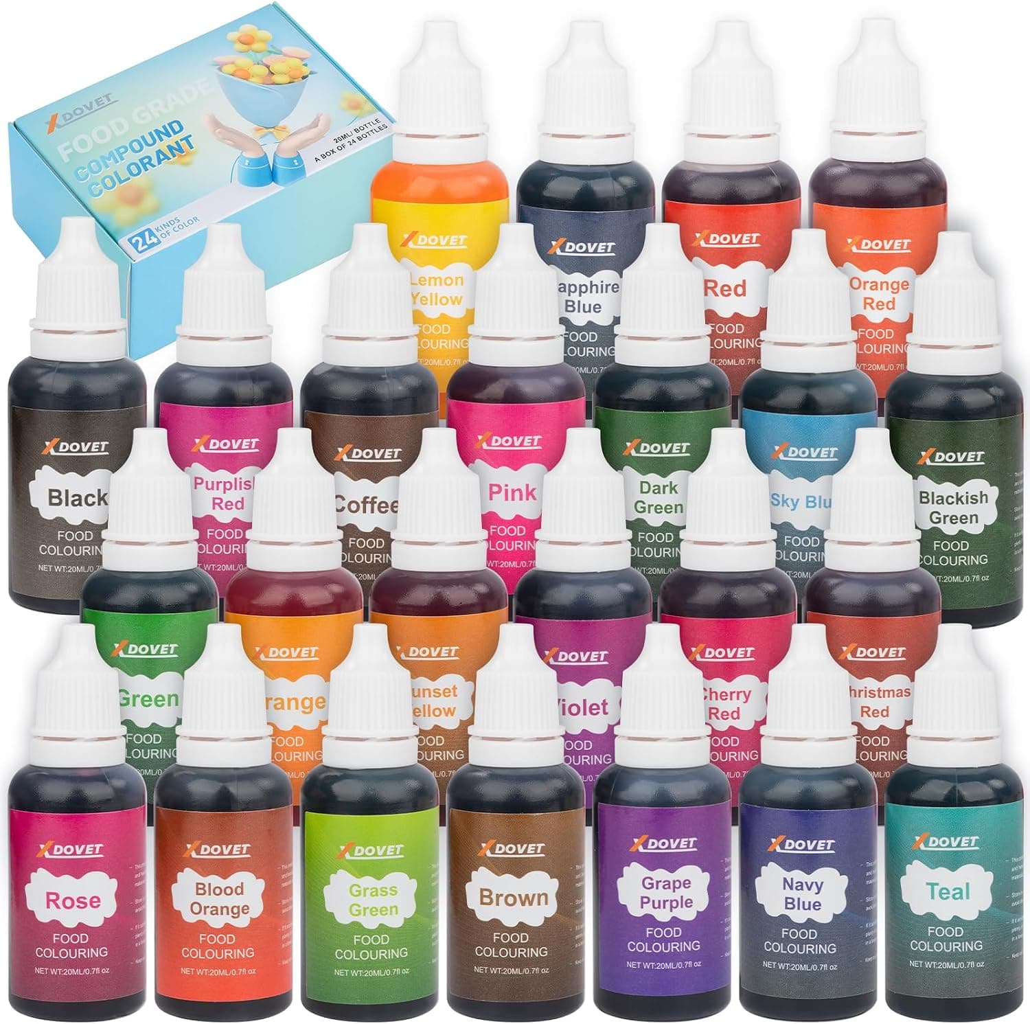 Xdovet Airbrush Food Coloring: 24 Colors Edible Airbrush Kit for Cupcakes, Cookies & Desserts