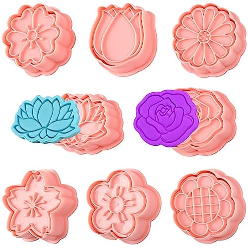 8 Pack Flower Cookie Cutters, 3D Cookie Cutter with Plunger Stamp | 8 Styles Spring Flowers Cookie Cutters with Cookie Stamps for Home Kitchen