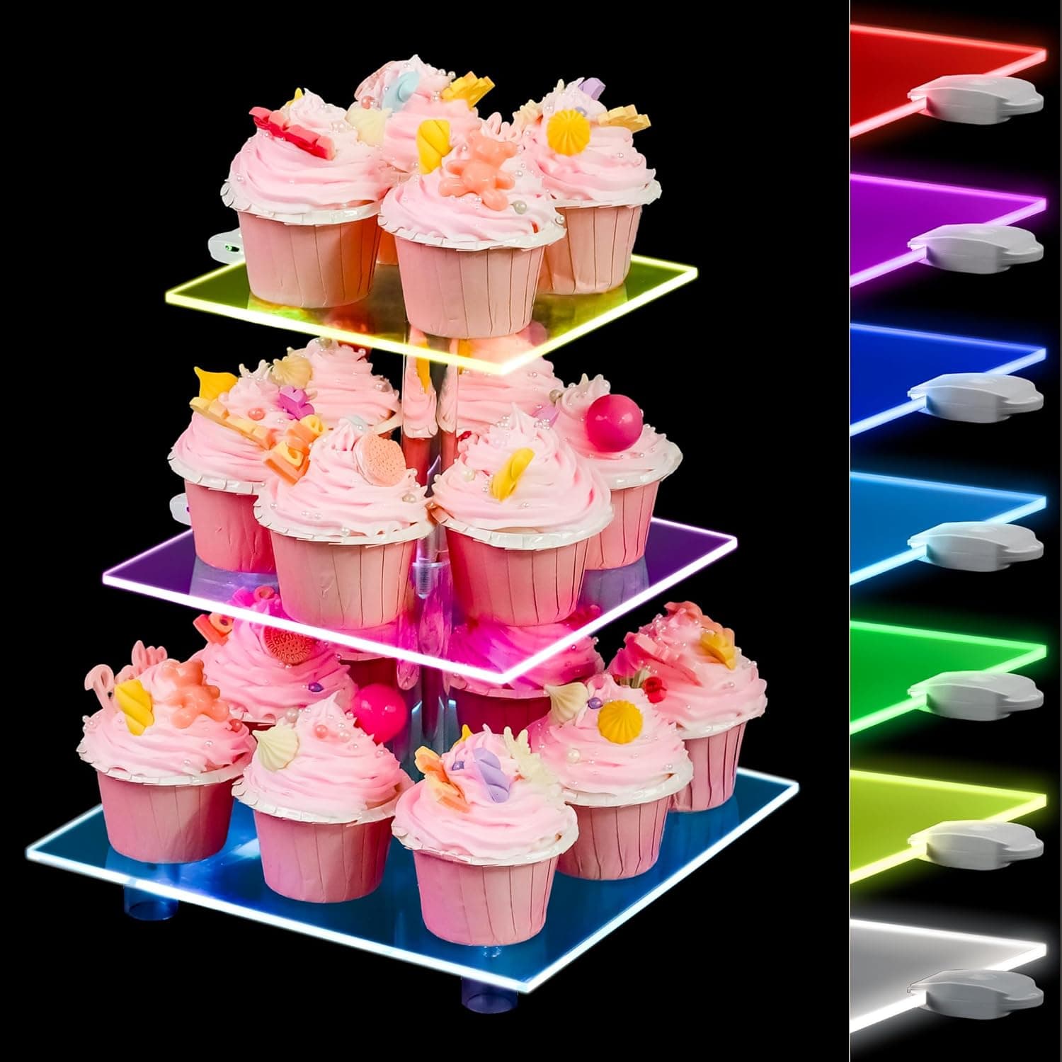 3 Tier Cupcake Tower with Rechargeable Light, Acrylic Cupcake Holder for 24 Cupcakes, 7 Color Display